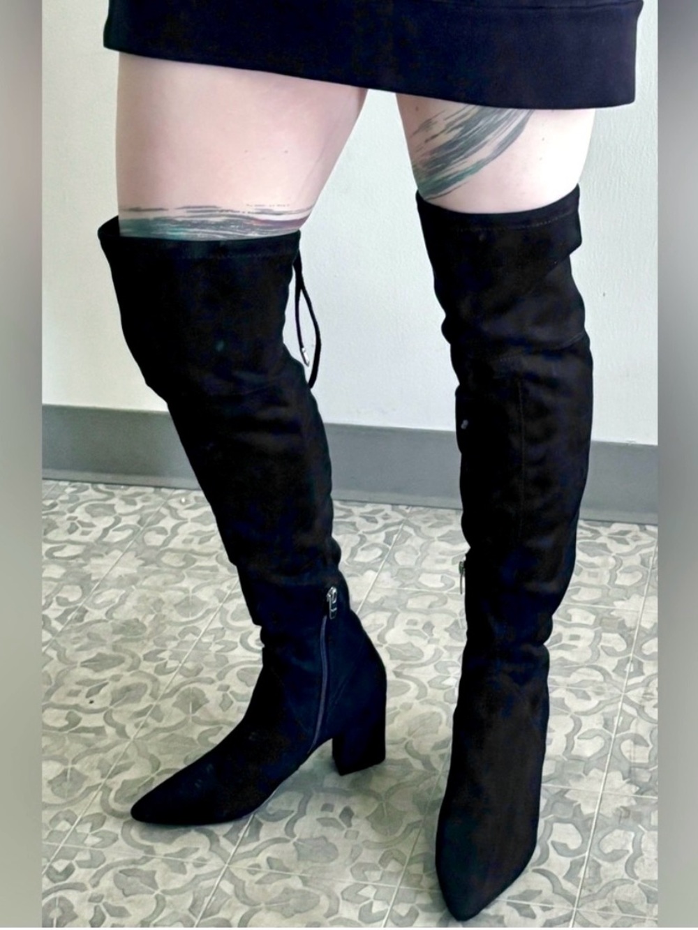 Marc Fisher Black Suede Over the Knee Boots 6.5 Block Heel Pointed Toe